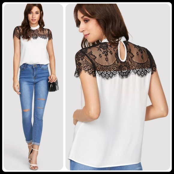 Tops - White blouse with black lace detail